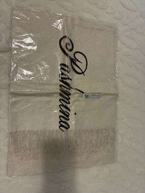 pashmina Cream Scarf with Script Embroidery